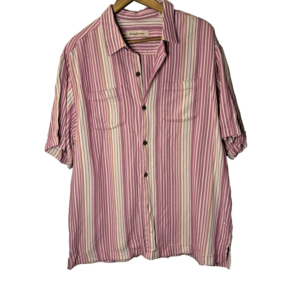 Tommy Bahama Men's XL Short Sleeve Retro Pink Cream Stripe‎ Silk Camp Shirt Silk